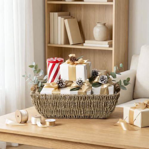 Hand Woven Jumbo Storage Baskets with Wooden Handles (Natural(Seagrass) / Large)