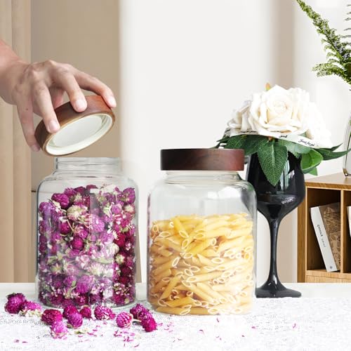60 oz Glass Coffee Jars with Wooden Airtight Lid Spoon Clear Herb Ground Canister Round Food Storage Container for Sugar Pantry Flours Tea Coffee Bean Spice Cookies (1800ml/60oz-2PACK（with spoon))