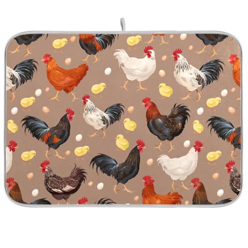 Colorful Hens Roosters Dish Drying Mat for Kitchen Counter Absorbent Microfiber Drying Pad (18" x 24")