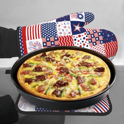4th of July Patriotic Oven Mitts and Pot Holder Set of 2 Independence Day Heat Resistant Kitchen Gloves Hot Pads for Cooking Grilling BBQ (Patriotic Flag)
