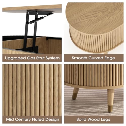 Oval Lift Top Coffee Table with Storage for Living Room (Warm Oak)