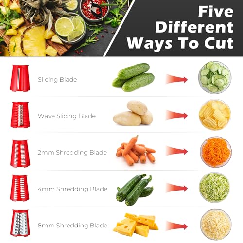 Rotary Cheese Grater 5 Blades Mandoline Slicer for Vegetable (Red)