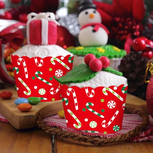 100Pcs Christmas Paper Baking Cups Red Green Candy Cane Cupcake Wrappers Scalloped Edge Cupcake Muffin Cases for Xmas Winter Holiday Party Dessert Decoration (Christmas Candy Cane)