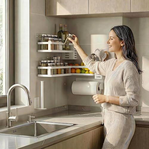 5-in-1 Shower Caddy & Kitchen Organizer Set, Wall Mount Wide Spice Rack with Paper Towel Holder, Utensil Holder, Soap Dish, Rustproof Mesh Baskets Hold 50LBS - White, Guardrail (White / 5-in-1 Minimalist (12.6" Wide))