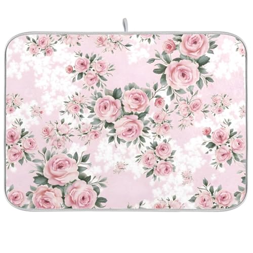 Floral Pink Roses Bouquets Dish Drying Mat for Kitchen Counter Absorbent Microfiber Drying Pad (16" x 18")