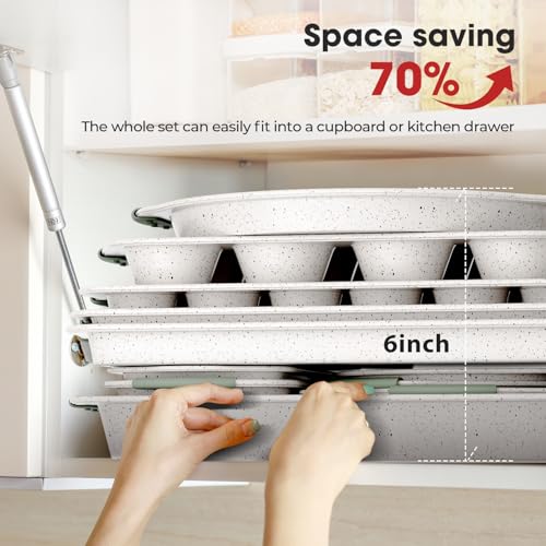 11-Piece Non-Toxic Baking Set, Stackable Nonstick Cookware, White&Green