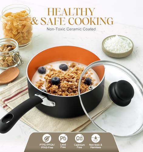 Ceramic Saucepan Set 1.5QT & 2QT & 3QT Nonstick Sauce Pans (Copper / 1.5+2+3QT)
