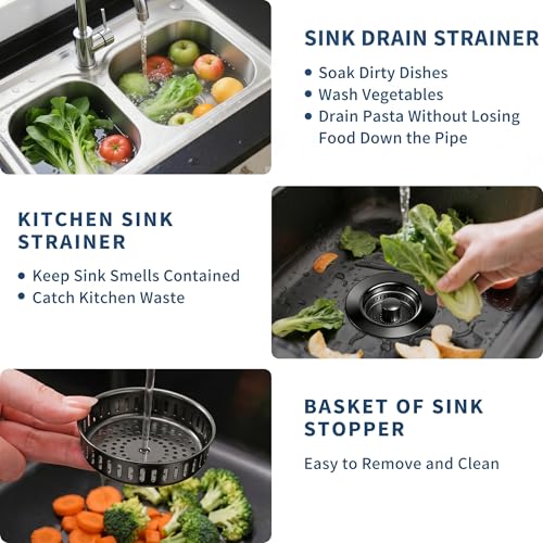 3-in-1 Kitchen Sink Drain Strainer & All-Purpose Sponges, 304 Stainless Steel Sink Stopper Pop-Up Drain Plug with Anti-Clogging Food Catcher Basket, Odor Blocker, Fits US Standard 3-1/2 Inch Sinks (Mattle Black)