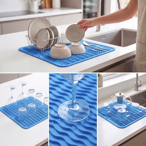 Silicone Dish Drying Mat for Multiple Usage (Lichen Blue / 12"L x 12"W)