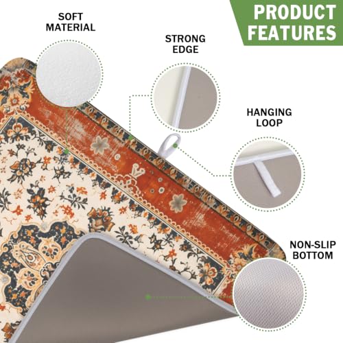 Ethnic Boho Dish Drying Mat Rust Coral Floral Decorative Dishes Pad 16x18 Inch Absorbent Fast Dry Drainer Rack Mats for Kitchen Countertop (Ethnic Boho Orange / 16x18 inch)