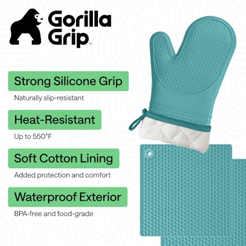 BPA Free Silicone Oven Mitts and Pot Holders Set (Turquoise / 12.5" Oven Mitts + 7" Trivets)