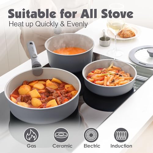 17 Piece Ceramic Detachable Handle Pots and Pans Set Gray (Gray / 17 Piece)