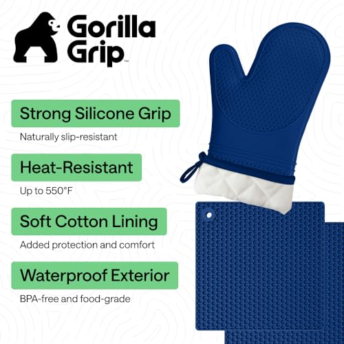 BPA Free Silicone Oven Mitts and Pot Holders Set (Blue / 12.5" Oven Mitts + 7" Trivets)