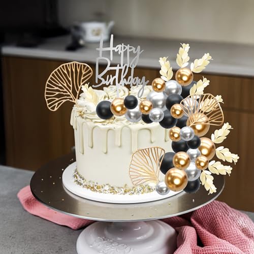 57Pcs Purple Balls Cake Topper Boho Grass Cake topper Pearl Balls Acrylic Happy Birthday Cake Decorations for Wedding Baby Shower Birthday Boho Themed Party Supplies Black Gold Silver (Black Gold Silver)
