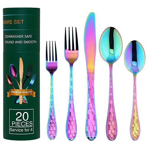 Hammered Silverware Set 20 Pieces (Rainbow)