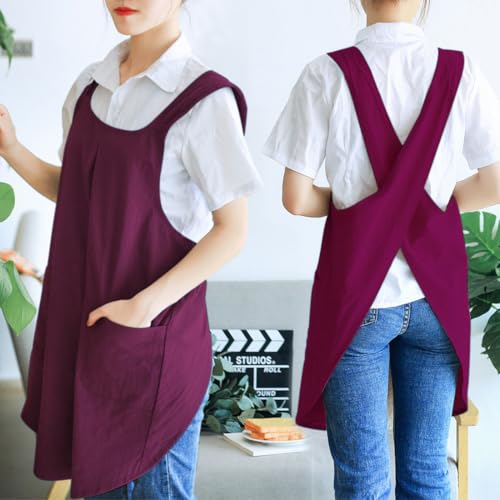 Japanese Cotton Cross Back Kitchen Cooking Aprons for Women with Pockets Cute for Baking Painting Gardening Cleaning Dark Red (09 - Women's Purplish-red)