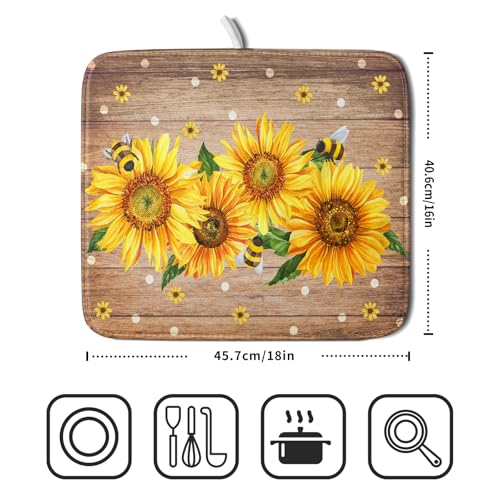 Sunflower Bee Dish Drying Mat for Kitchen Counter Home 16x18 Inch Wood Barn Microfiber Drainer Rack Mats Washable Absorbent Dish Dry Pad (Sunflower Bee Wood / 16" x 18")