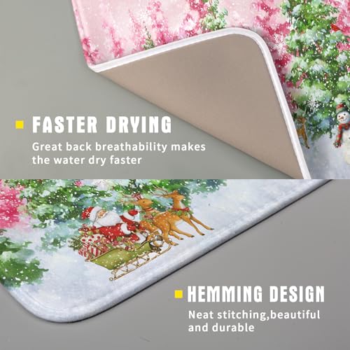 Pink Christmas Dish Drying Mat for Kitchen Counter Absorbent Dish Dry Pad (Winter Forest Colorful / 18" x 16")