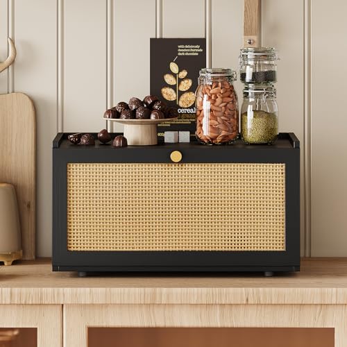 Rattan Bamboo Bread Box for Kitchen Counter Large Capacity Bread Storage Bin Farmhouse Bread Storage Container Rustic Bread Holder (Black)