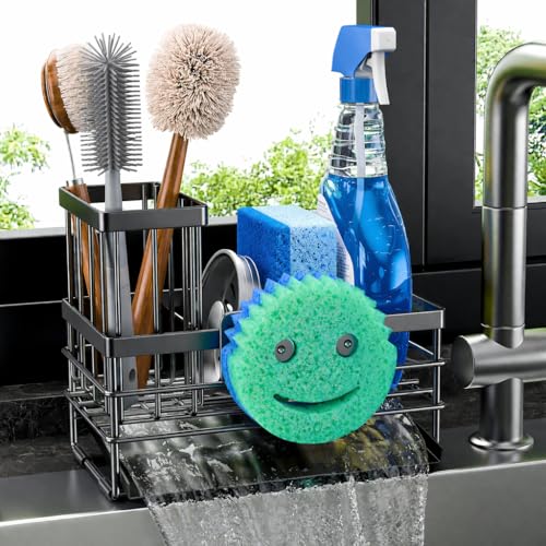 Sink Caddy Sponge Holder for Kitchen with Brush Holder and Stainless Steel Self Drain Tray (8.26'' / Black With Smiley Face)