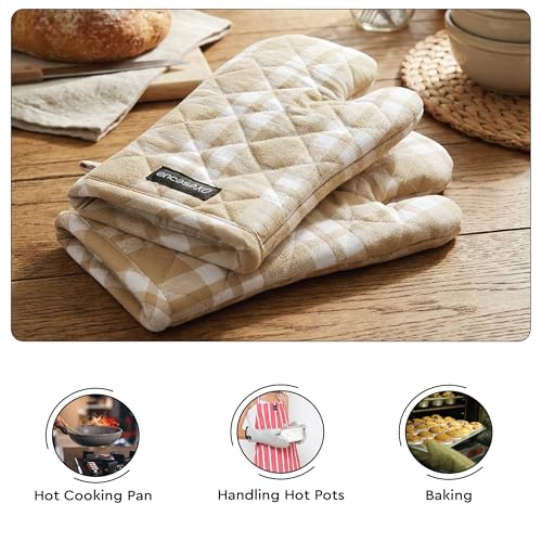 Oven Mitts Heat Resistant Kitchen Gloves (Oven Gloves / Franca Beige Checks)