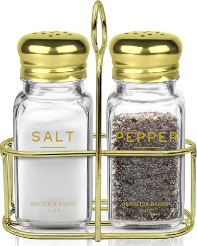 Gold Salt and Pepper Shakers Set with Holder by Brighter Barns