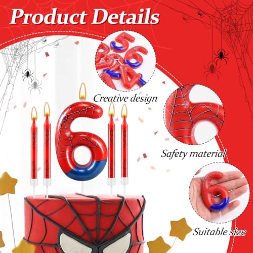 13 Pcs Spider Themed Birthday Candle Set Red Spider Theme Number 6 Candle Cake Topper for Boys Girls Birthday Decoration Spider Party Decoration Supplies (13 Count)