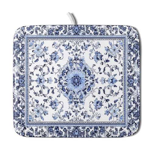 Boho Floral Dish Drying Mat 16x18 Inch Blue Leaves Kitchen Drying Pad Reversible Absorbent Dish Drainer Rack Mats Counter Tableware Decor (Blue Boho Floral / 16" x 18")