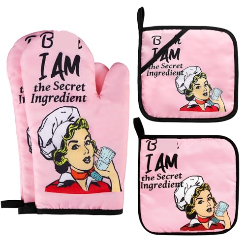Funny Oven Mitts and Pot Holders Sets Cooking BBQ Non (Pink)