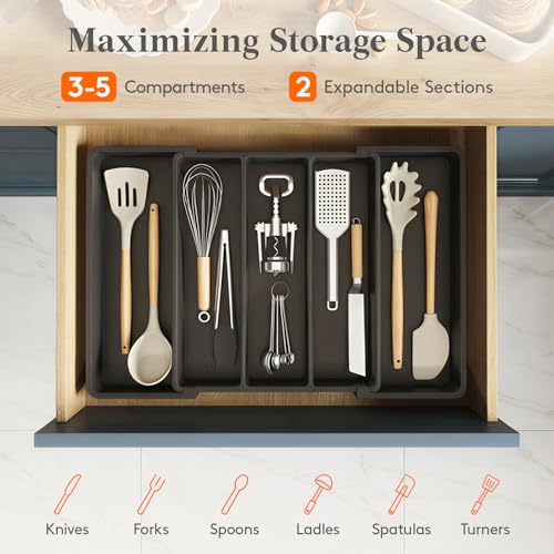 Utensil Organizer for Kitchen Drawers (Black / Medium Deep (11.5-20''W x 14.5"D))