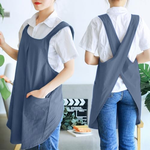 Japanese Cotton Cross Back Kitchen Cooking Aprons for Women with Pockets Cute for Baking Painting Gardening Cleaning Gray Blue (08 - Women's Blue Gray)