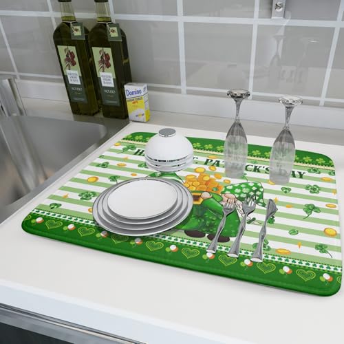 Shamrock Gnome Dish Drying Mat Coin Clover Dishes Fast Dry Mat 18x24 inch Absorbent Microfiber Dishware Drainer Pad for Kitchen Counter Sink (Shamrock Gnome Coin / 18" x 24")