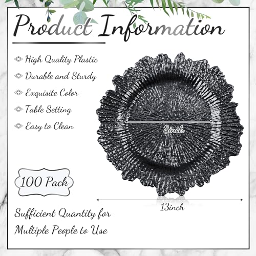 100 Pcs Black Charger Plates 13" Round Plastic Texture Wedding (Classic Style / Black)