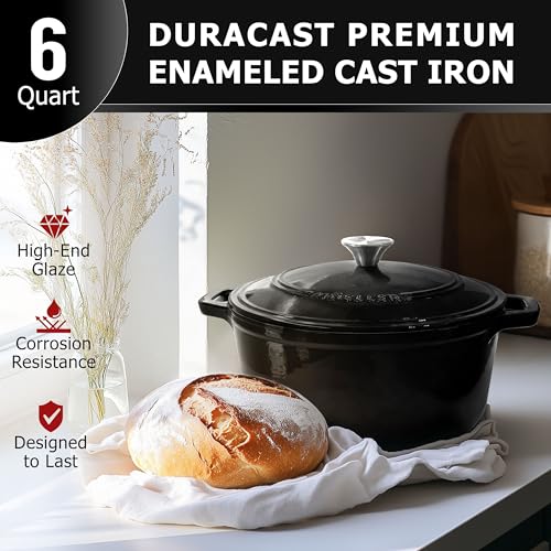 MUELLER HOME 6 Quart Enameled Cast Iron Pot Dutch Oven (6 Quart -Round / Black)