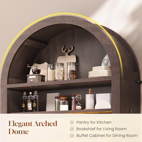 73" Tall Arched Bakers Rack with Power Outlet and LED Light (Brown)