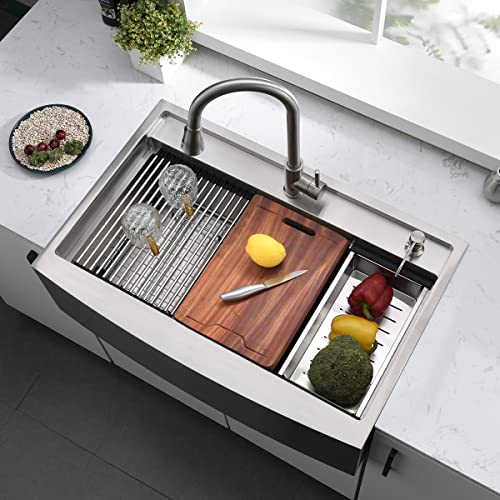 33 Inch Farmhouse Kitchen Sink Workstation (33"L x 22"W x 10"D / Stainless Steel (Splash Guard))