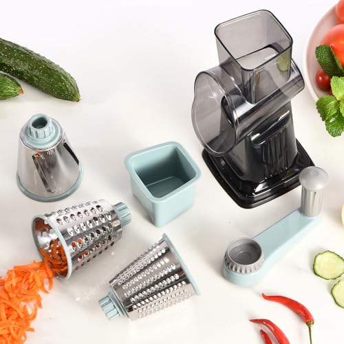 Rotary Cheese Grater with Handle Kitchen Shredder Slicer Grater Slicer Ice Shaver Cheese Vegetable Nuts Potato Zucchini Chocolate 3 Interchangeable Blades (9.06"L x 4.33"W x 9.07"H / Blue)