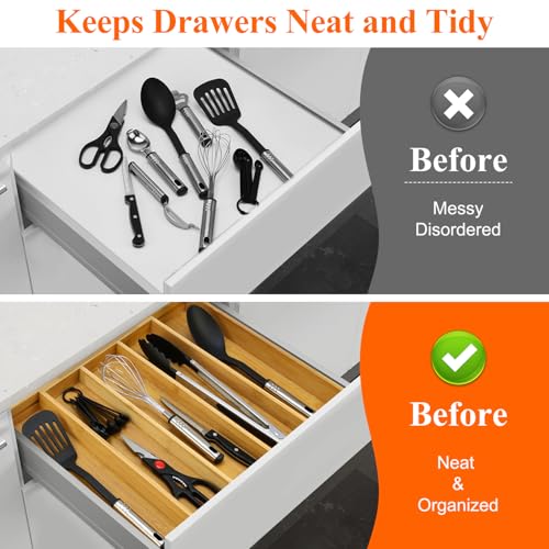 Expandable Bamboo Silverware Drawer Organizer Large Kitchen Utensils Tray ((12.6"-21")x 15.7" / Bamboo)
