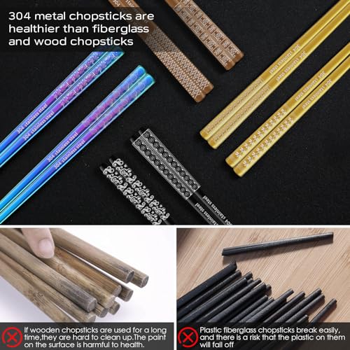 8 Pairs Metal Chopsticks Reusable Multicolor Stainless Steel Chopsticks Set Laser Engraved Non (Multicolor 304 stainless steel)