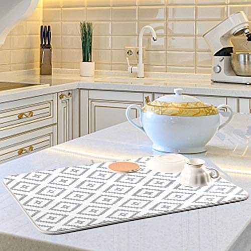Super Absorbent Dish Drying Mat (White Moroccan Rhombus Plaid / 18" x 24")