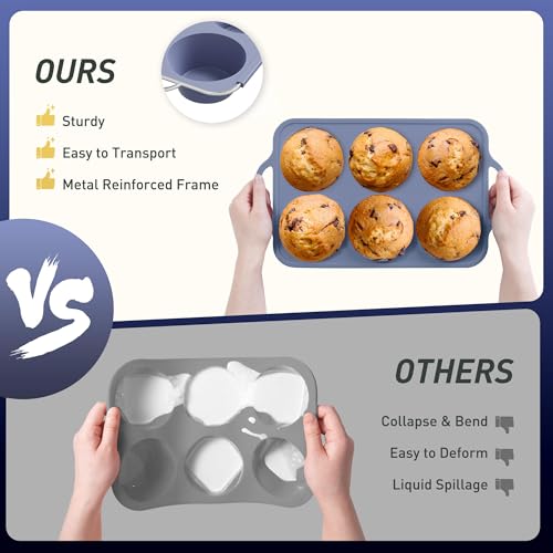 2 Packs 6 Cups Silicone Muffin Pan with Metal Reinforced Frame Jumbo Size Cupcake Pan Tray Egg Bites Silicone Circle Round Cookie Molds Muffin Tin Tall Tart Pans Baking Sheet Breakfast Sandwiches (2pc: 6-Cup Jumbo / Morandi Blue)