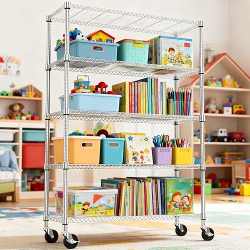 1750LBS 47.2" W 5 Tiers Storage Shelves Metal Shelving Unit with Wheels Heavy Duty Garage Shelving Adjustable Wire Shelves for Pantry (5 tier, 17.7" D x 47.2" W x 76.8" H / Chrome)