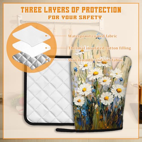 Vintage Daisy Flower Oven Mitts and Pot Holders (4 Count)