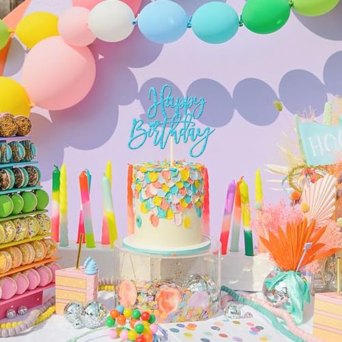 1 PCS Happy Birthday Cake Topper Glitter Happy Birthday Cake Pick for Celebrating Happy Birthday Anniversary Theme Party Cake Decorations Supplies Light Blue