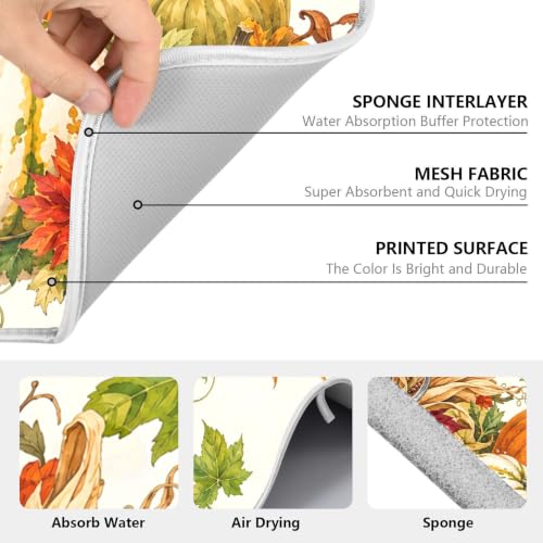 Autumn Fall Harvest Pumpkins Dish Drying Mat for Kitchen Counter Absorbent Microfiber Large Drying Pad Dish mats for Kitchen Countertops 18 x 24 Inch (Thanksgiving Harvest Pumpkins / 24" x 18")