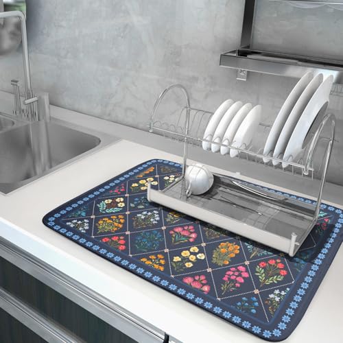 Machine Washable Dish Drying Mat for Kitchen Counter Blue Florals (Wildflowers Dark Blue / 24" x 18")