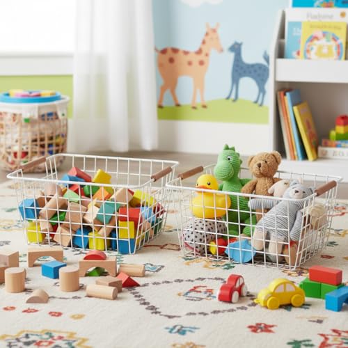 Large white wire baskets with Wooden Handles for storage pantry