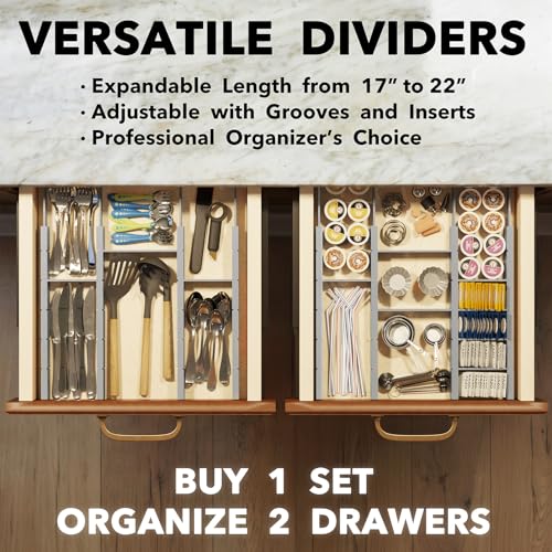 Bamboo Drawer Dividers with Inserts and Labels (2.35''H, 17''-22''L, 10 Dividers / GRAY)