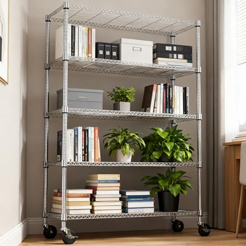 1750LBS 47.2" W 5 Tiers Storage Shelves Metal Shelving Unit with Wheels Heavy Duty Garage Shelving Adjustable Wire Shelves for Pantry (5 tier, 17.7" D x 47.2" W x 76.8" H / Chrome)