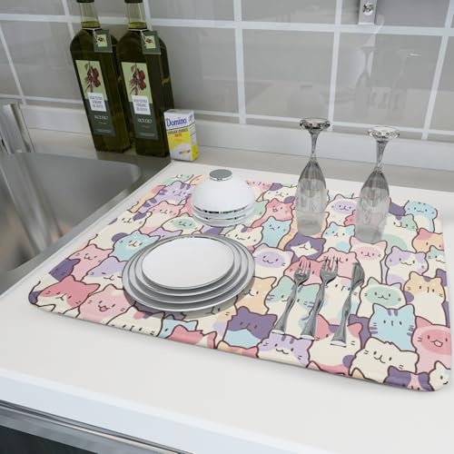 Colorful Cats Dish Drying Mat 18x24 inch Cute Animal Microfiber Reversible Fast Dry Dishes Drainer Rack Pad for Counter Kitchen Table Decor (Colorful Cats / 18" x 24")